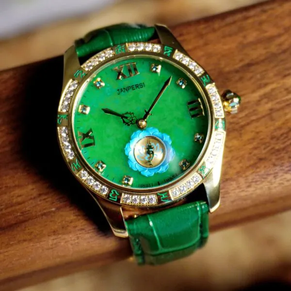 9c8efa86-f207-45a4-8e87-7e65143fdf9b ROYAL MUSE|Green Tara Jade Watch - Blue Lotus Buddhist Timepiece with Mantra Chronograph