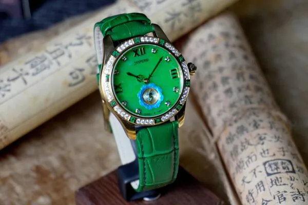d18a13b7-3130-4040-977b-556503e6dff8 ROYAL MUSE|Green Tara Jade Watch - Blue Lotus Buddhist Timepiece with Mantra Chronograph