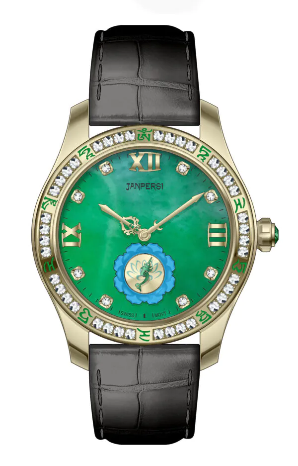 主图 (2) ROYAL MUSE|Green Tara Jade Watch - Blue Lotus Buddhist Timepiece with Mantra Chronograph
