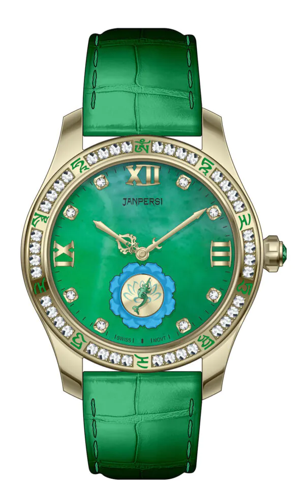 主图 (3) ROYAL MUSE|Green Tara Jade Watch - Blue Lotus Buddhist Timepiece with Mantra Chronograph