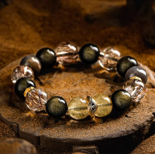 企业微信截图_17458046523279 Black Obsidian & Rutilated Quartz Energy Bracelet