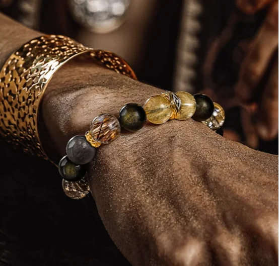 企业微信截图_17458046551821 Black Obsidian & Rutilated Quartz Energy Bracelet